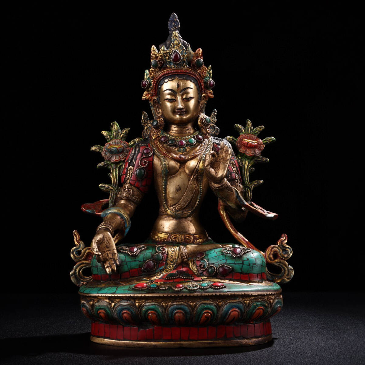 蔵友館蔵品・銅製・描金・寶石嵌・彩繪・白度母像】・希少珍品