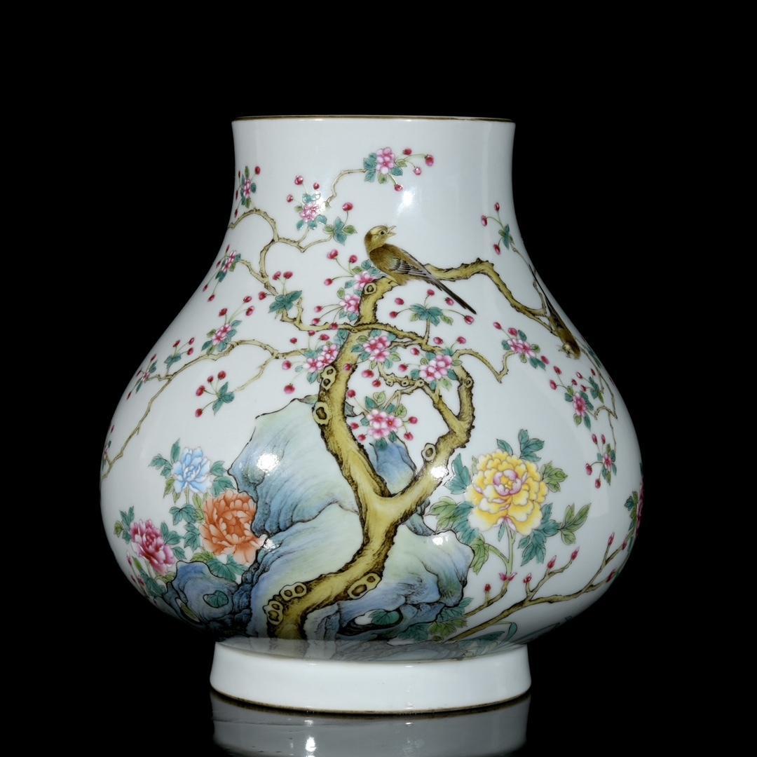 旧蔵 清 乾隆年制 エナメル彩花鳥紋 福筒 陶芸 中国磁器 置物