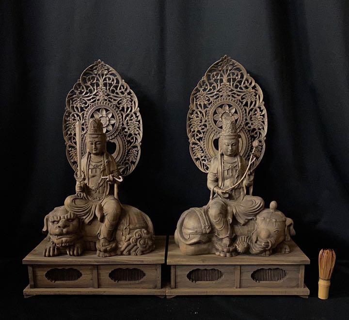 井波彫刻 一刀彫り 時代美術品 香樟材 木彫仏教 文殊菩薩 普賢