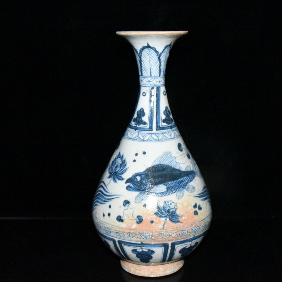 元青花手描き花魚紋豹頭瓶骨董品古品古品出土品所蔵置物 超珍館蔵】元 古陶瓷品 青花 人物故事紋罐 置物 古賞物 古美術品
