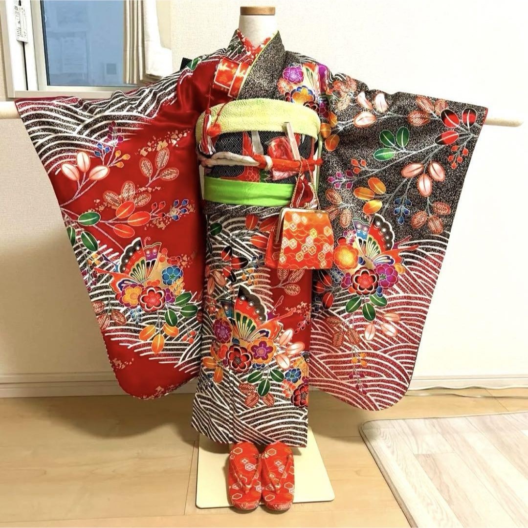 赤×黒　花　蝶　七五三　7歳　13点フルセット 赤×黒 花 蝶 七五三 7歳 女の子 13点セット