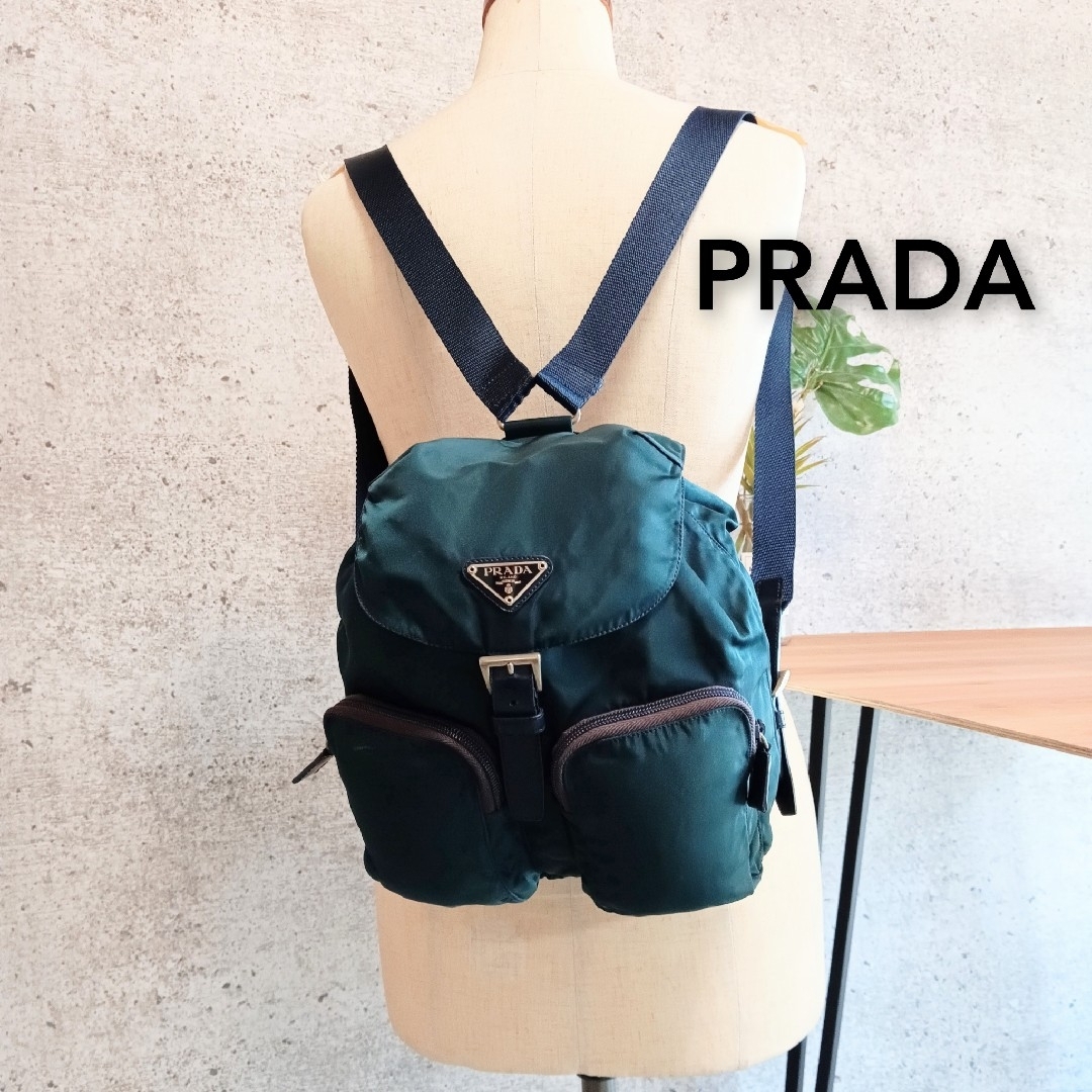 美品 プラダ ナイロン レザー ミニリュック バッグ カーキ
