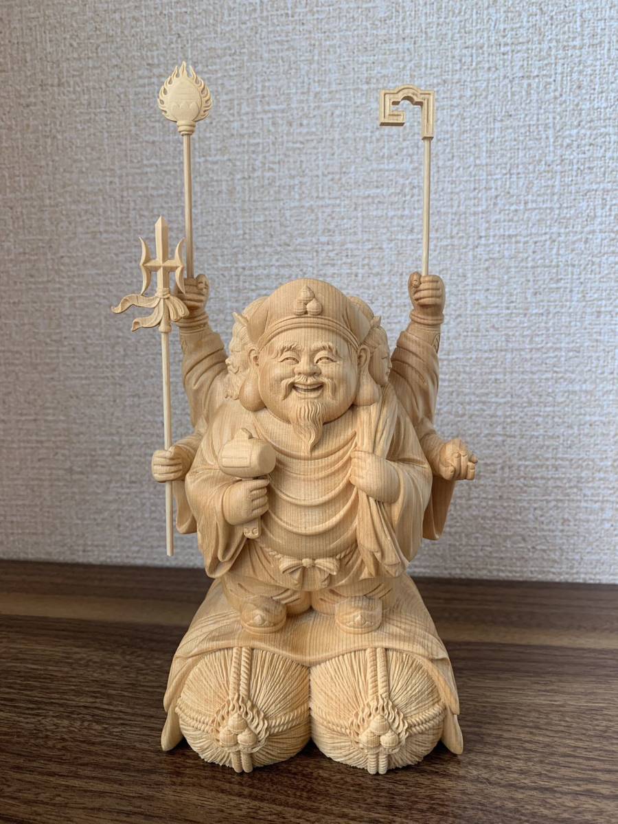 仏像 三面大黒天 三面大黒天像 檜木 木彫 仏具 金箔塗装 仏像 三面大黒天 三面大黒天像 檜木 木彫 仏具 (約)高25cm×幅