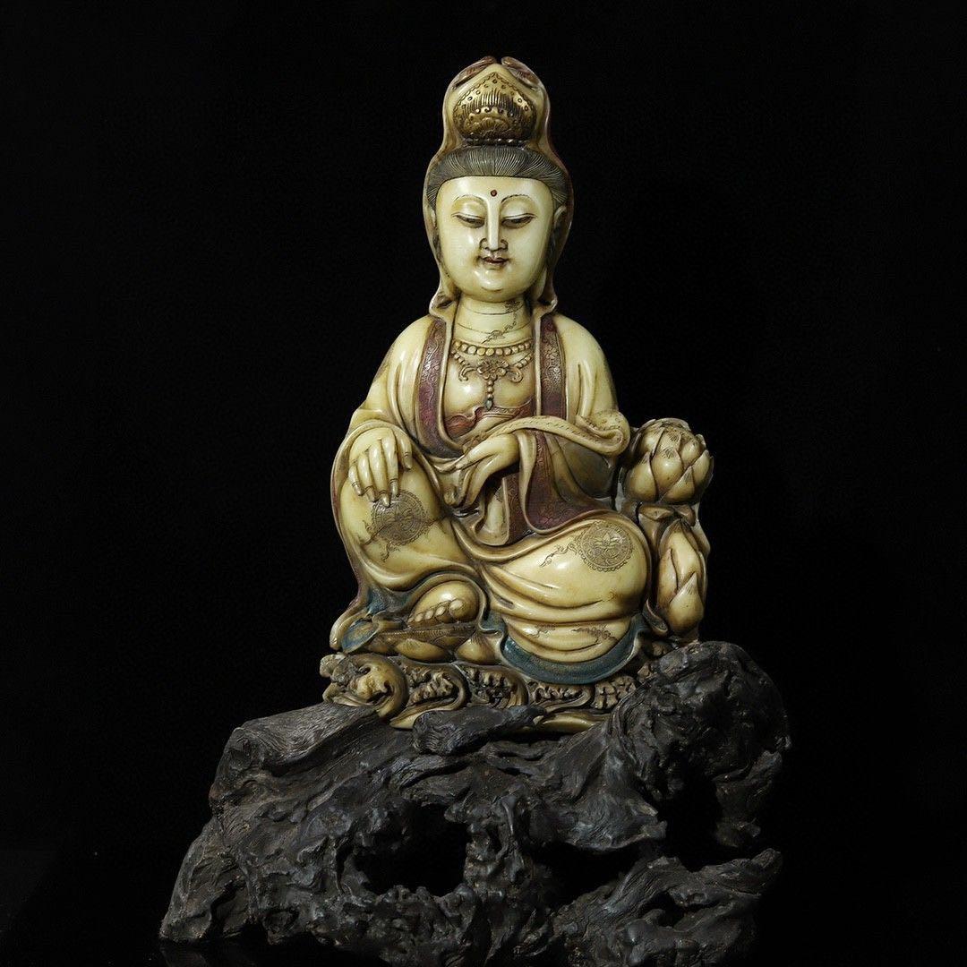 中国美術 寿山石 人物細密彫 置物 彫刻 古美術 極上品 中国古美術・寿山石極細工彫刻・浮彫・観音賜福・開運