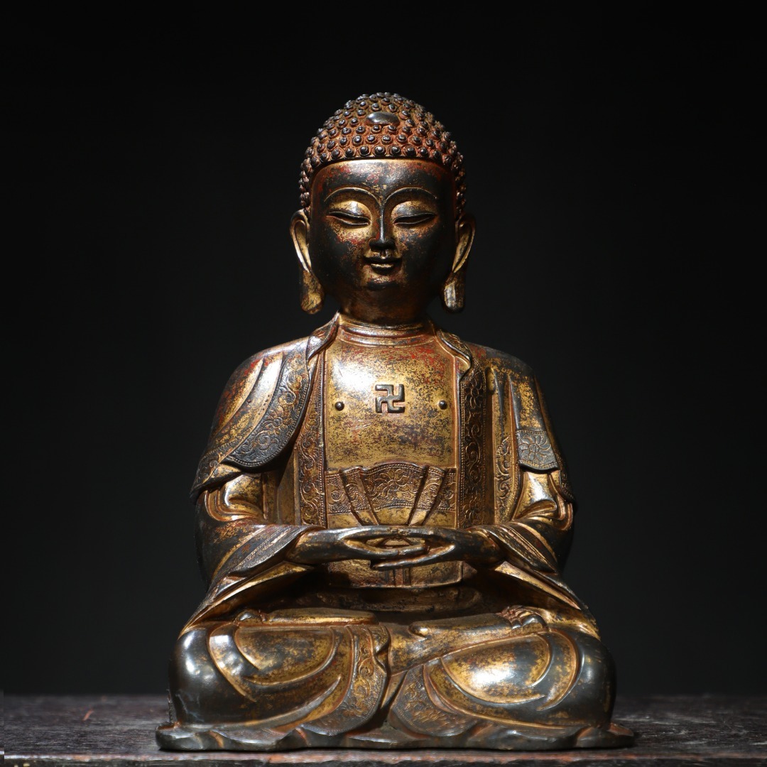 ◇旧家蔵出◇古美術 中国古玩 明時代 古銅製 拓金 釈迦牟尼 仏