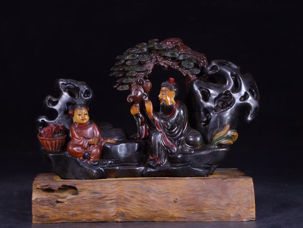 中国古美術 珍蔵逸品 寿山石芙蓉石 人物彫刻置物 透彫細工 文房置物 風水開運 古びた蔵『清 古寿山石 芙蓉石彫り 施鉱物彩松下薬師擺件』極細