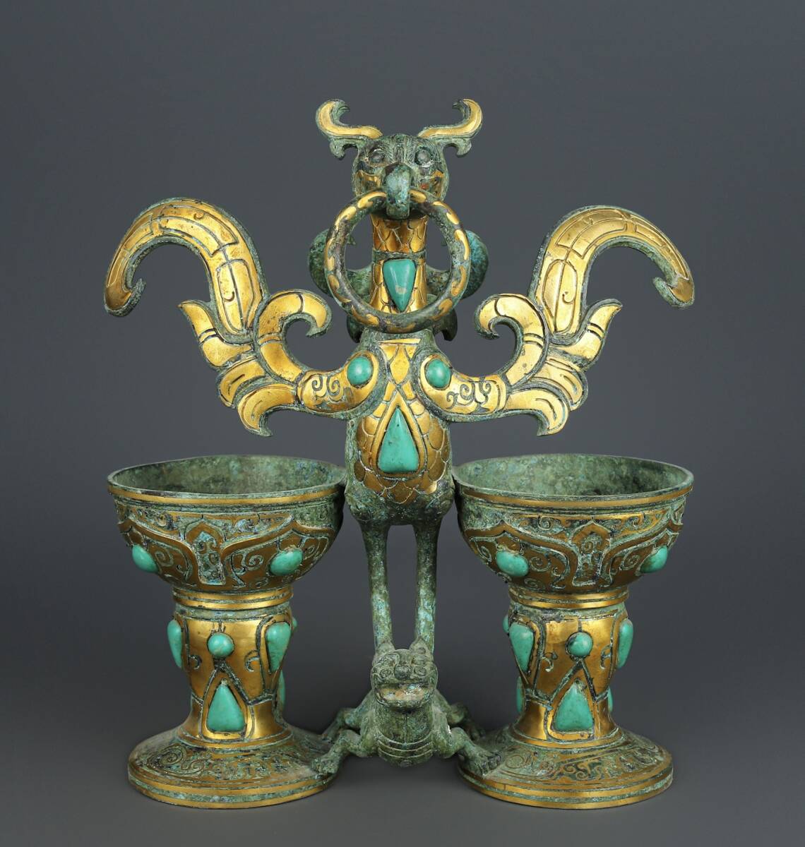 珍品旧蔵* 漢代 青銅器 錯金松石朱雀灯 時代物 擺件 置物 賞物