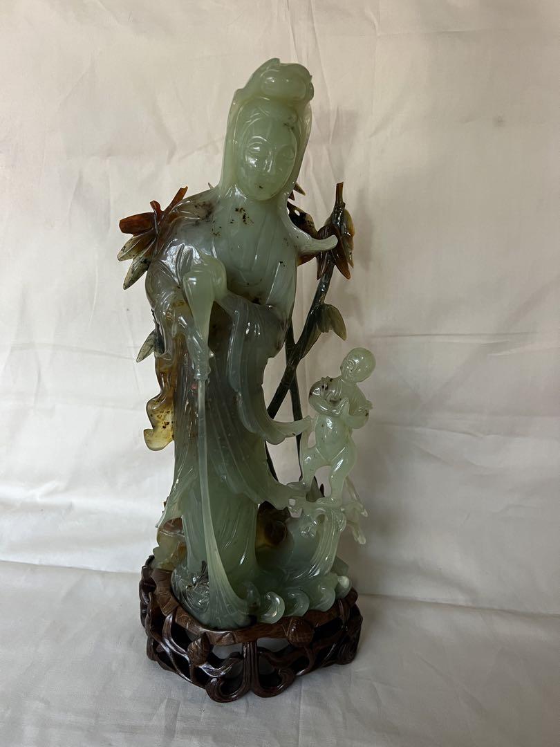 天然石 玉石 観音童子像 細工 彫刻 天然石 玉石 観音童子像 細工 彫刻（天然本象牙彫刻】細密彫観音
