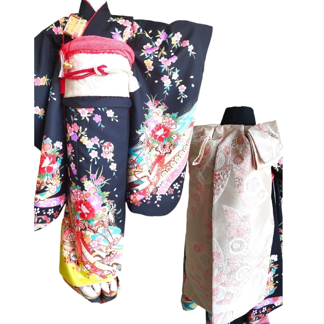 専用です☆JAPANSTYLE☆黒の着物とピンクだらりの帯☆七五三セット 黒の着物にだらりの帯セット （JAPANSTYLE☆黒の着物とピンク