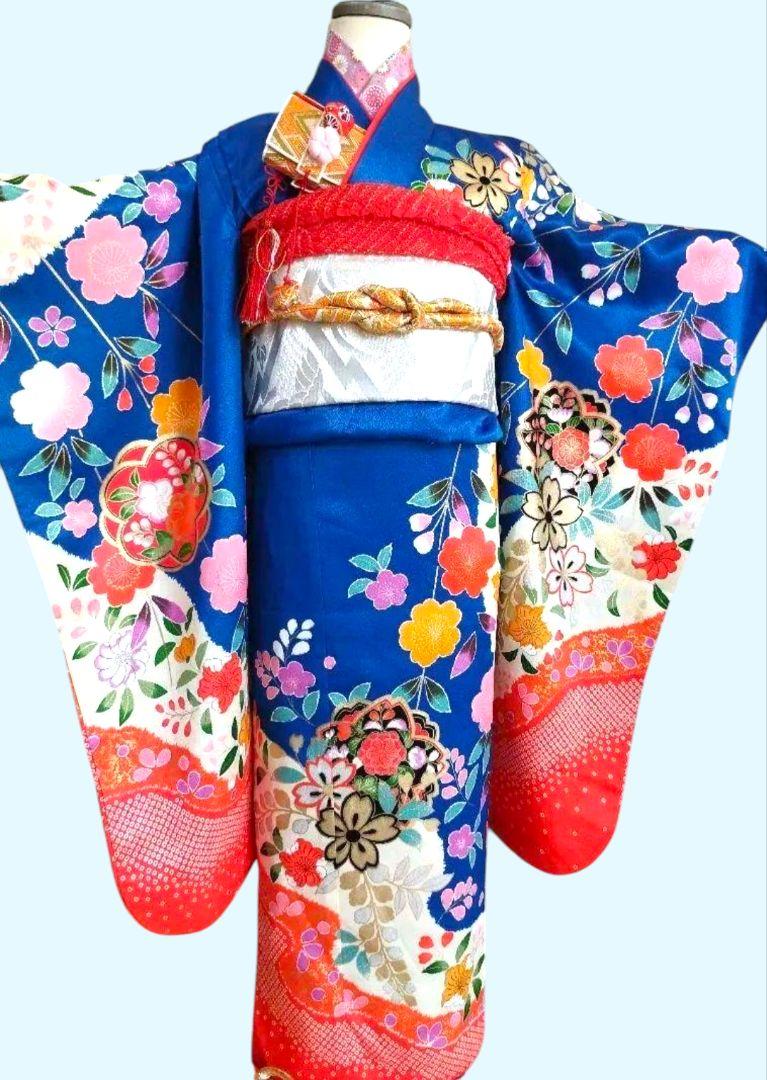 青に枝垂れ桜が美しい着物に白シルバーのだらりの帯セット 青に枝垂れ桜が美しい着物に白シルバーのだらりの帯セット