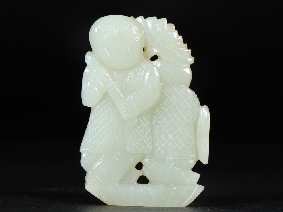 ▽鴻▽ 清朝時代 和田玉彫 合和二仙彫り件 時代物 中国古美術
