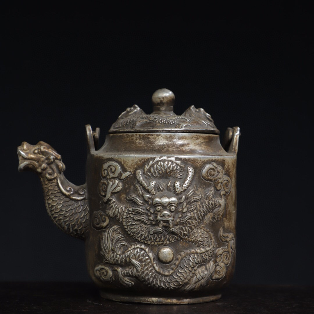 古寶奇蔵】銅製・銀鍍・龍紋提梁壺・置物・賞物・中国時代美術