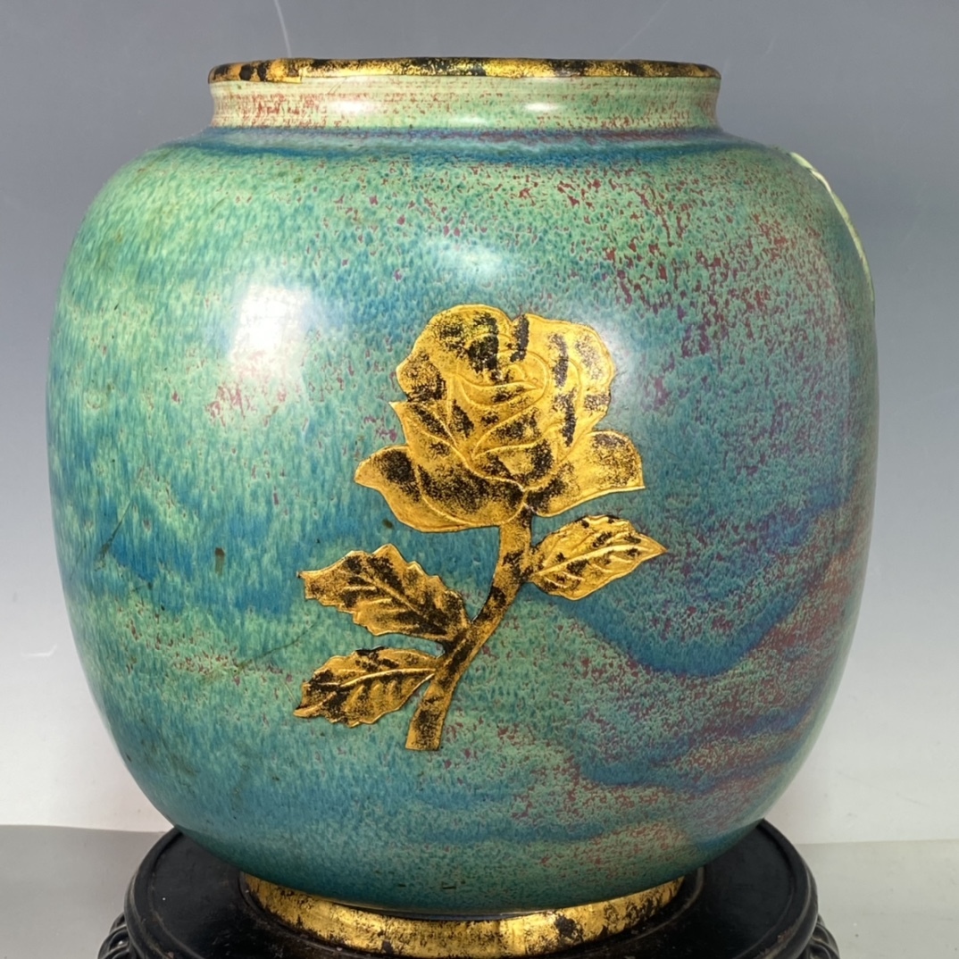 骨董*珍藏*古陶磁器*宋代*鈞瓷窯變*盤龍紋*描金刻字包口缸】極細