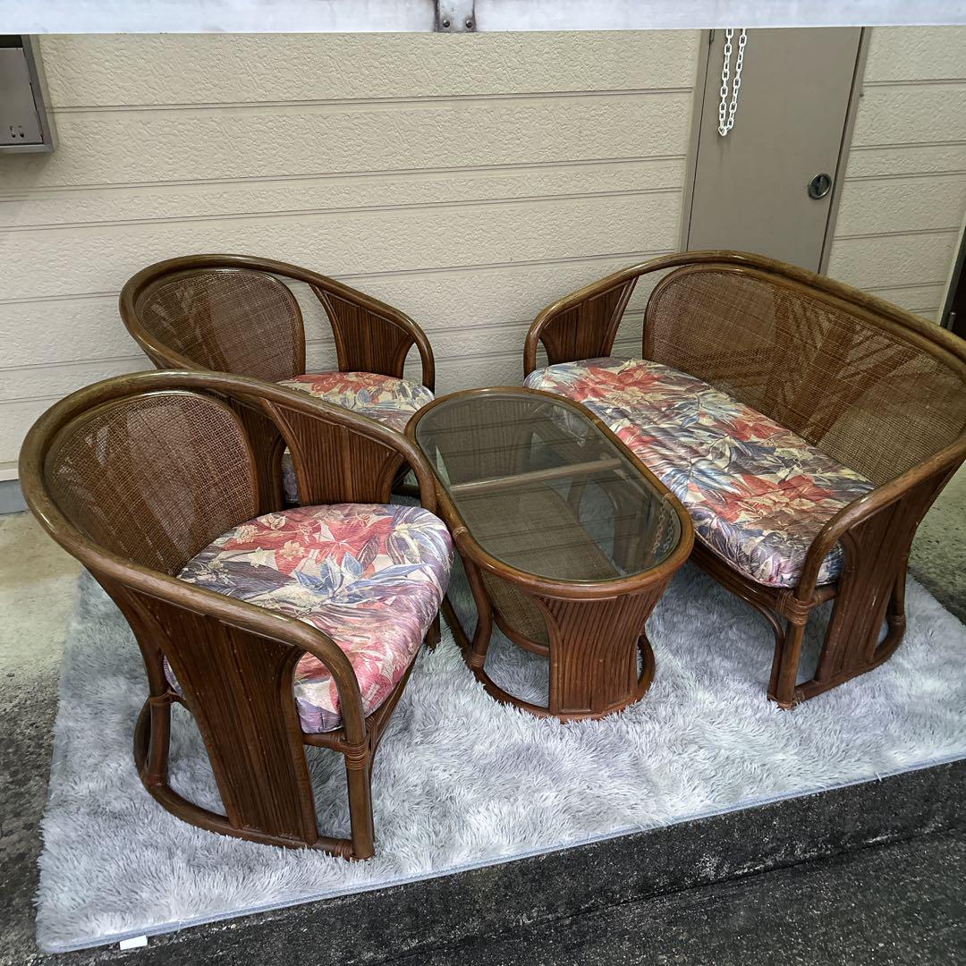 籐家具꧂ラタンソファ シングルソファ×2脚 ガラステーブルセット