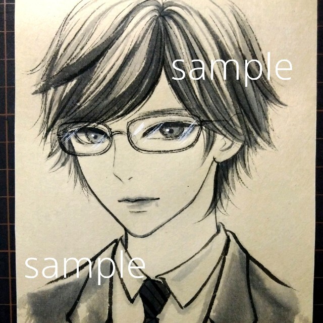 専用 手描きイラスト 原画 墨絵 水墨画 メガネのスーツ男子