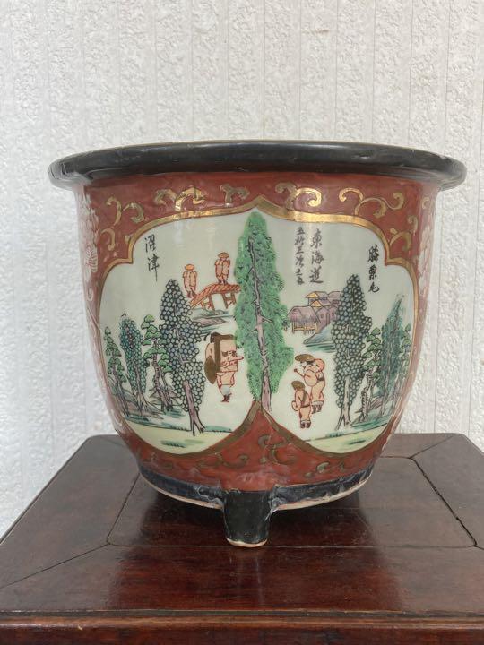 ［Lemon ］ 時代九谷焼 東海道53次図 三足丸鉢 植木鉢 蘭鉢 時代九谷焼 東海道53次図 三足丸鉢 植木鉢 蘭鉢 盆栽鉢 細密細工