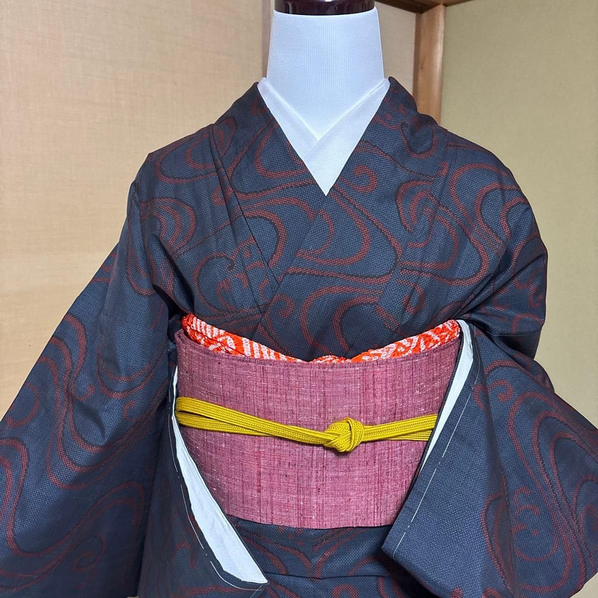 証紙奄美大島紬フルセット4点　新品美品着物+美品結城紬帯+帯締+帯揚げ　裄丈長め 証紙奄美大島紬フルセット4点 新品美品着物+美品結城紬帯+帯締+