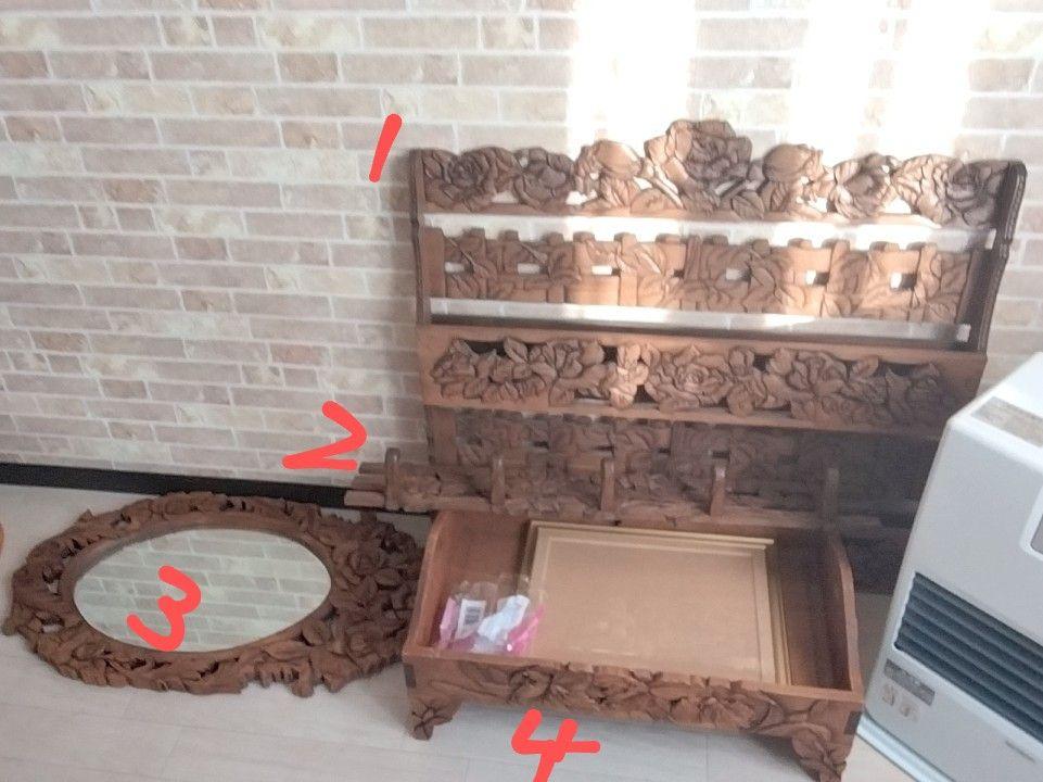 手製木彫り製品 スリッパたて、コートかけ、鏡、乱れ箱 （桐箱