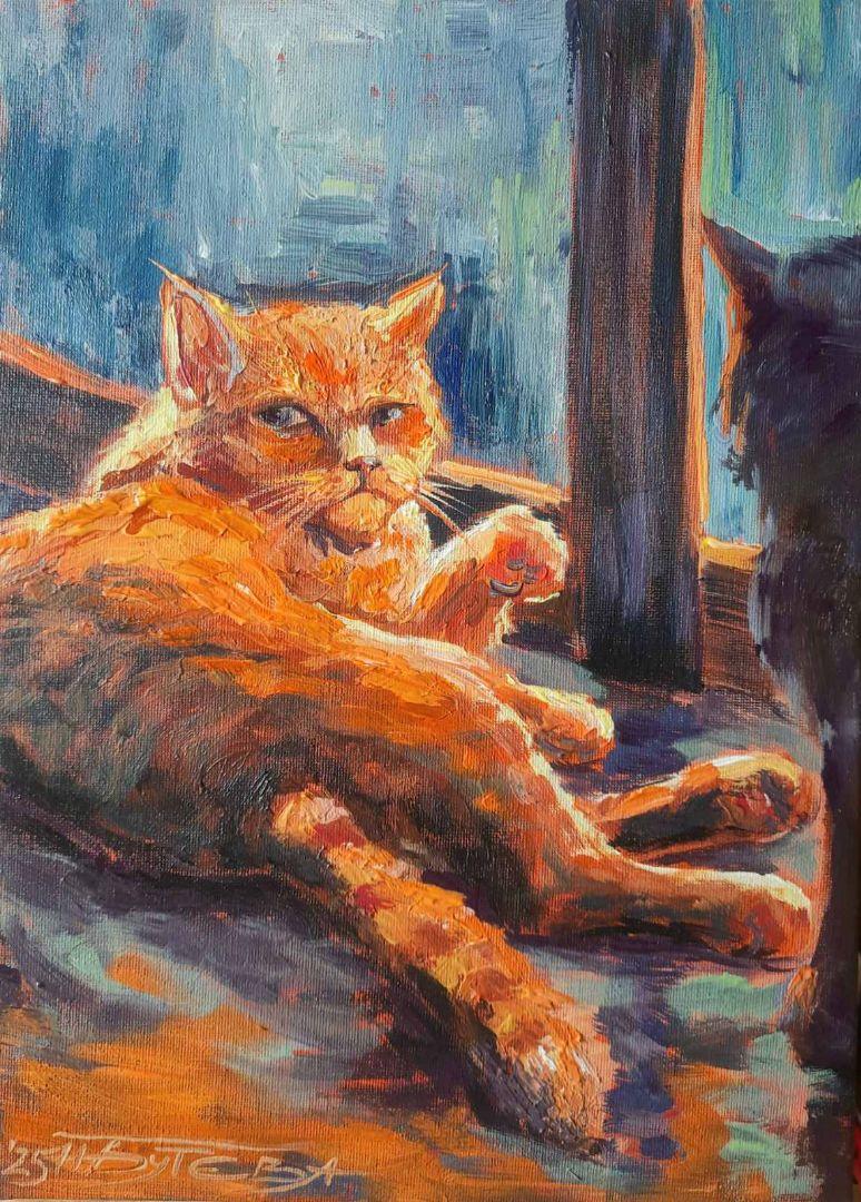 オレンジ色の猫のアクリル画 （アクリル画 猫の絵 猫 動物画