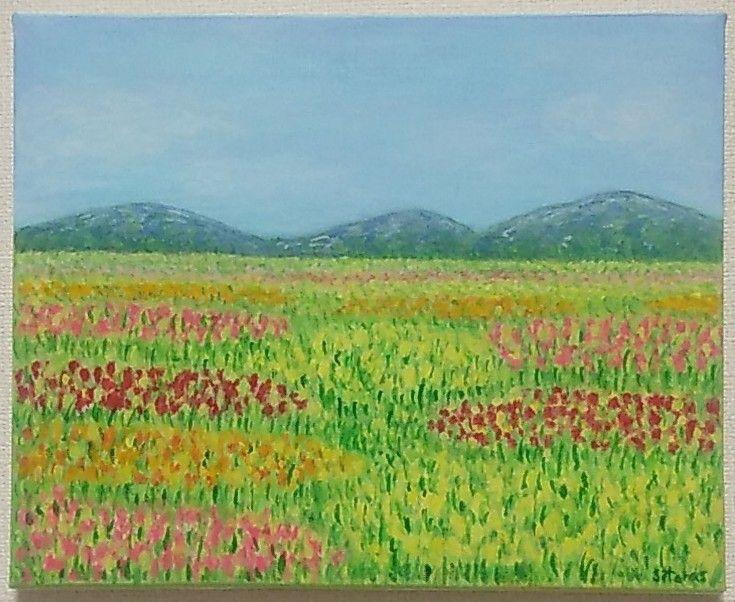 ご依頼品　風景画　花の絵　アクリル画　原画 「れんげ畑2」F8 ご依頼品 風景画 花の絵 アクリル画 原画 「れんげ畑2」F8