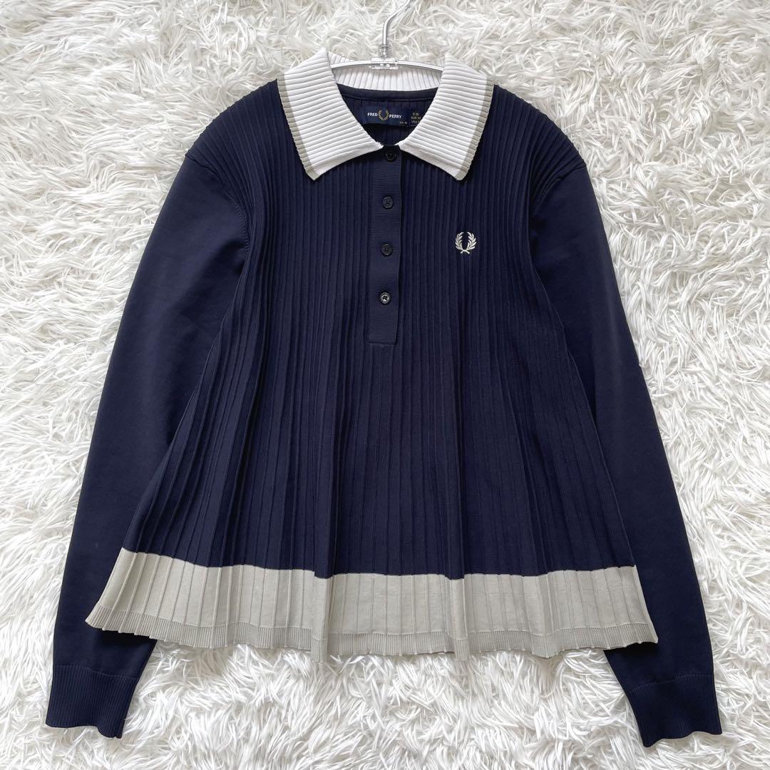 美品　23AW完売品　フレッドペリー　ニットプリーツシャツ　ネイビー　UK10 美品 23AW完売品 フレッドペリー ニットプリーツシャツ ネイビー