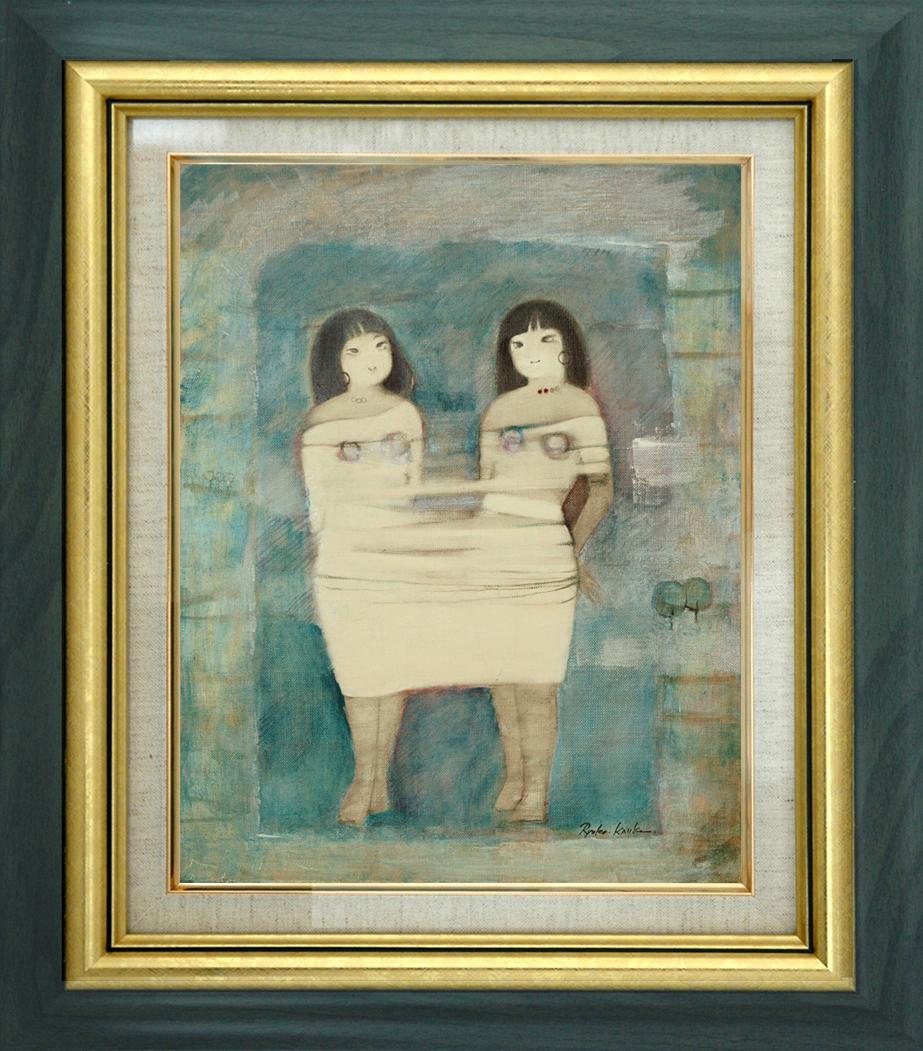 メルカリ 絵画 絵 額付 ( 青緑＋金色の枠 ) 油絵F6-102023 女たち