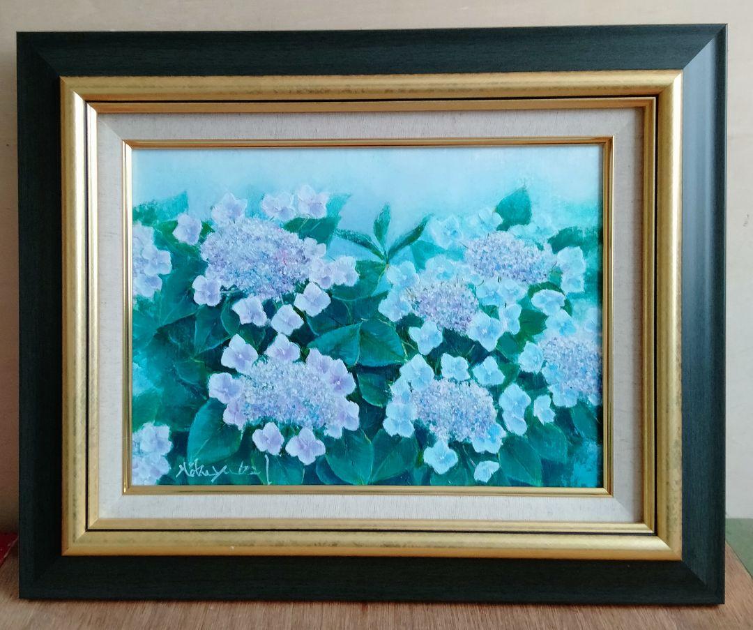 紫陽花の油彩画 フレーム付き （油絵 絵画 紫陽花畑の道 絵画