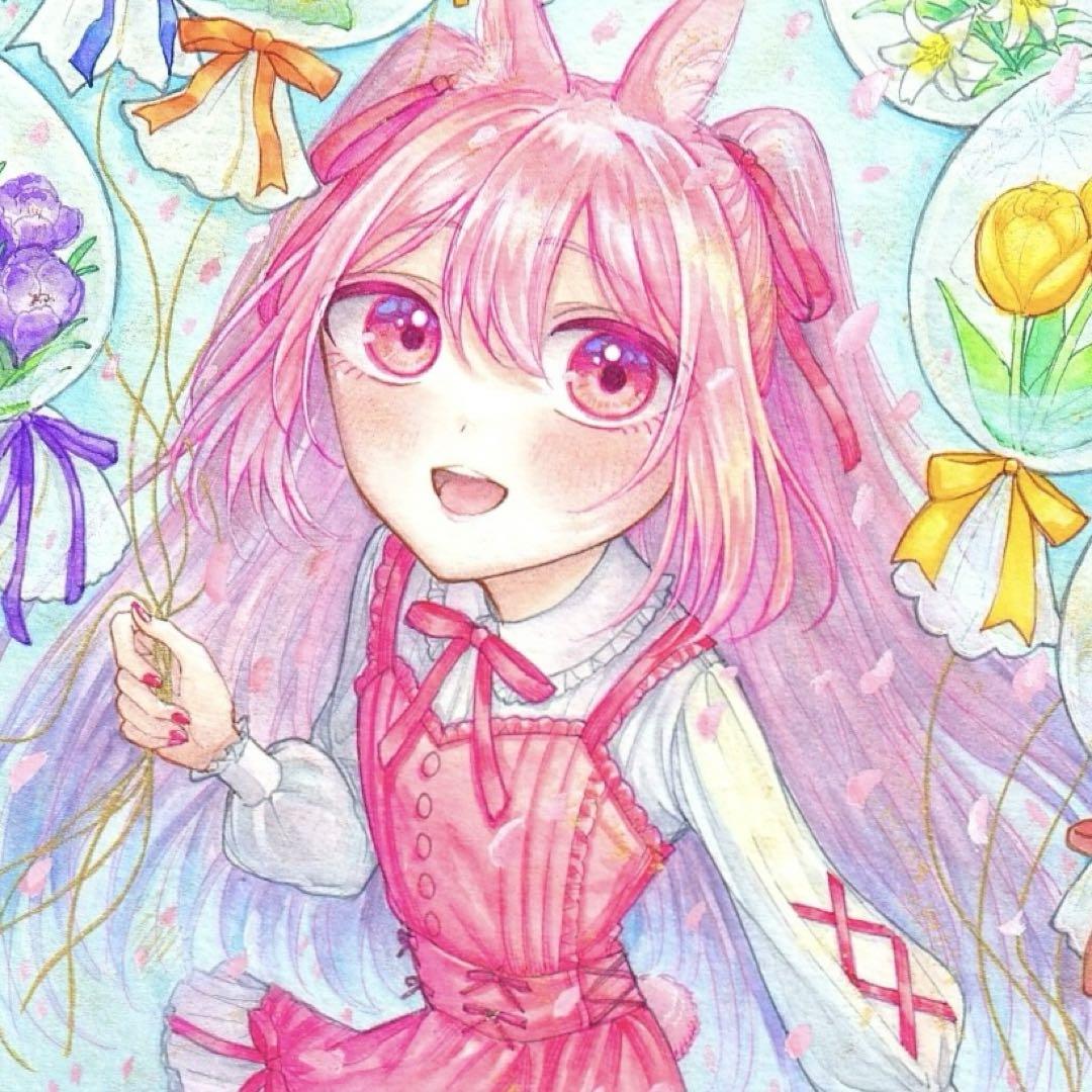 創作【♡ピンクはーと♡】手描きイラスト 下絵付き 創作【ピンクはーと】手描きイラスト 下絵付き