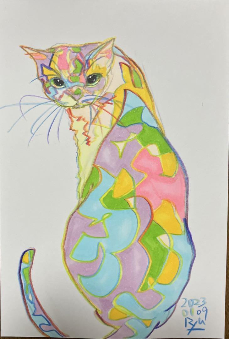 輝く猫　絵画　イラスト　ドローイング 色猫 絵画 イラスト ドローイング （色鉛筆でリアルな猫を描く