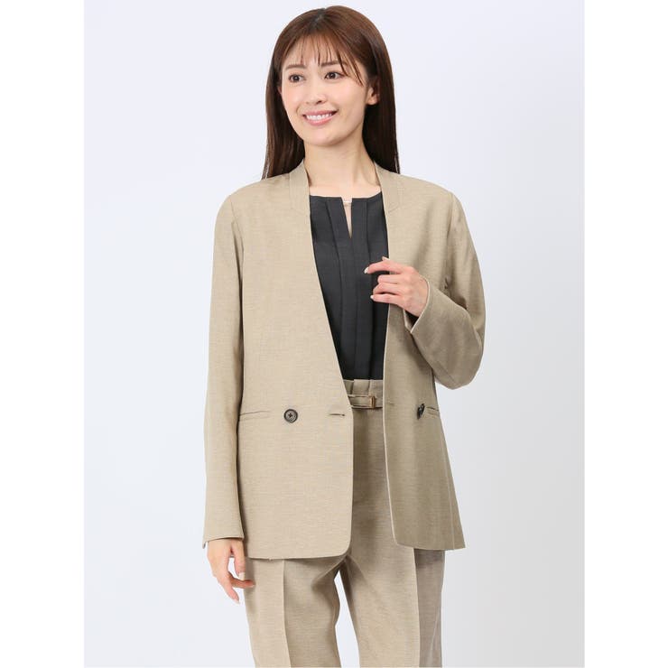 TAKA-Q WOMEN ウォッシャブル 麻調カラーレスダブルジャケット