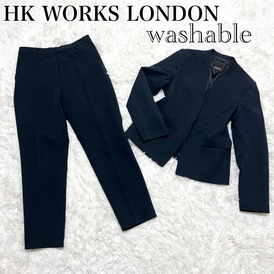 【美品】HK WORKS LONDON ノーカラー パンツスーツ ネイビー M OPAQUE.CLIP 【スーツ3点SET】ノーカラーVネックジャケット