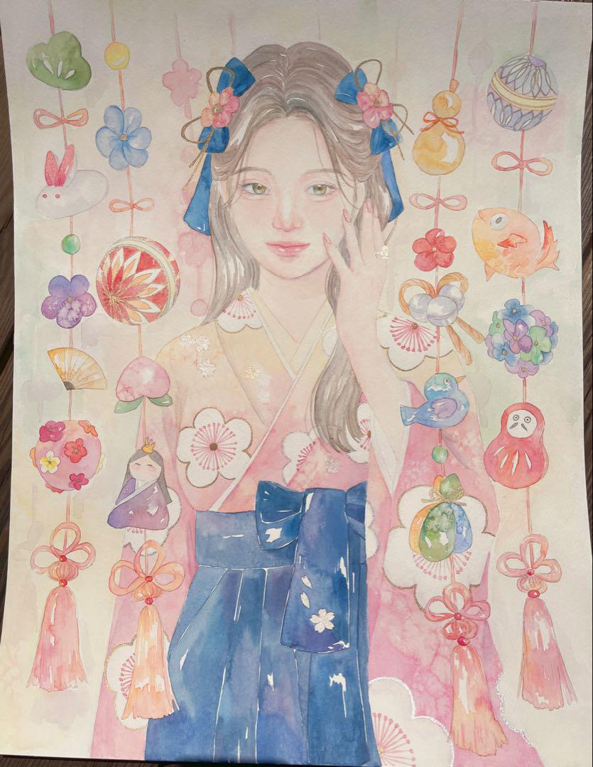 着物　人物画　女性　絵　水彩画　日本画　イラスト　手書きイラスト　原画　雛　袴 着物 人物画 女性 絵 水彩画 日本画 イラスト 手書きイラスト