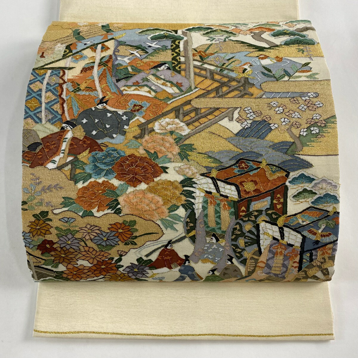 洒落袋帯 正絹 昔子供遊び お太鼓柄 k-9910 在庫一掃】 袋帯 逸品 御所車 草花 金糸 クリーム お太鼓柄 正絹