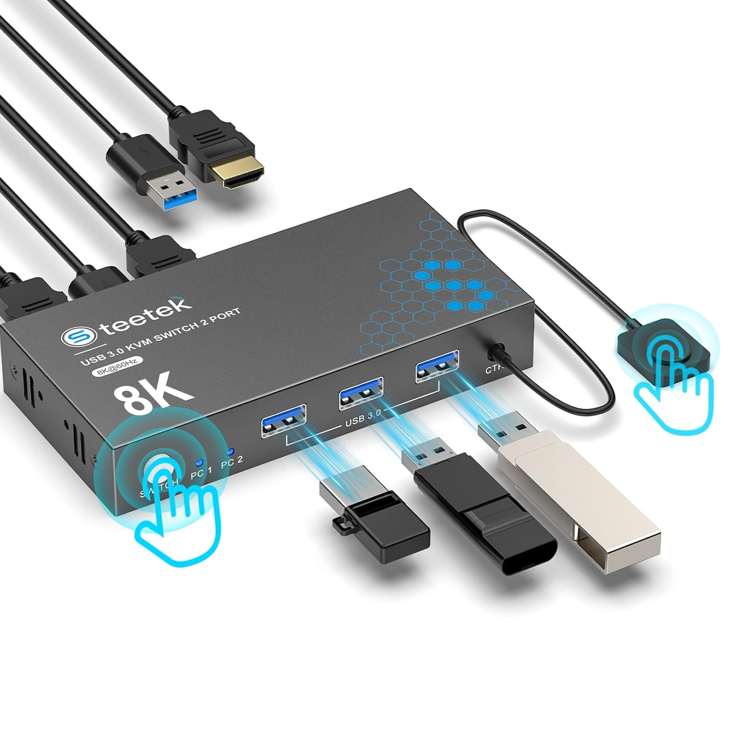 USB 3.0 HDMI KVMスイッチ 1 モニター 2 コンピューター、8K