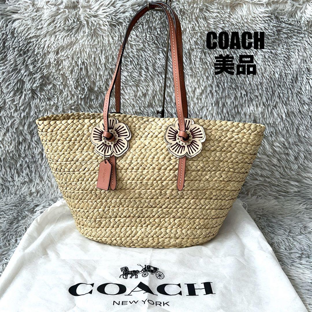 美品】COACH コーチ 68610 ラフィアトートバッグ ピンク