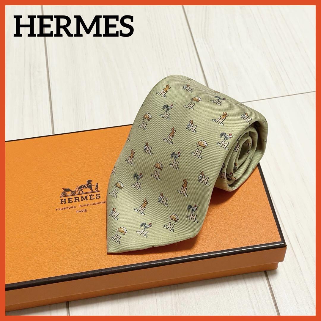 HERMES エルメス ネクタイ ファソネ 総H柄 H織 動物柄 グリーン