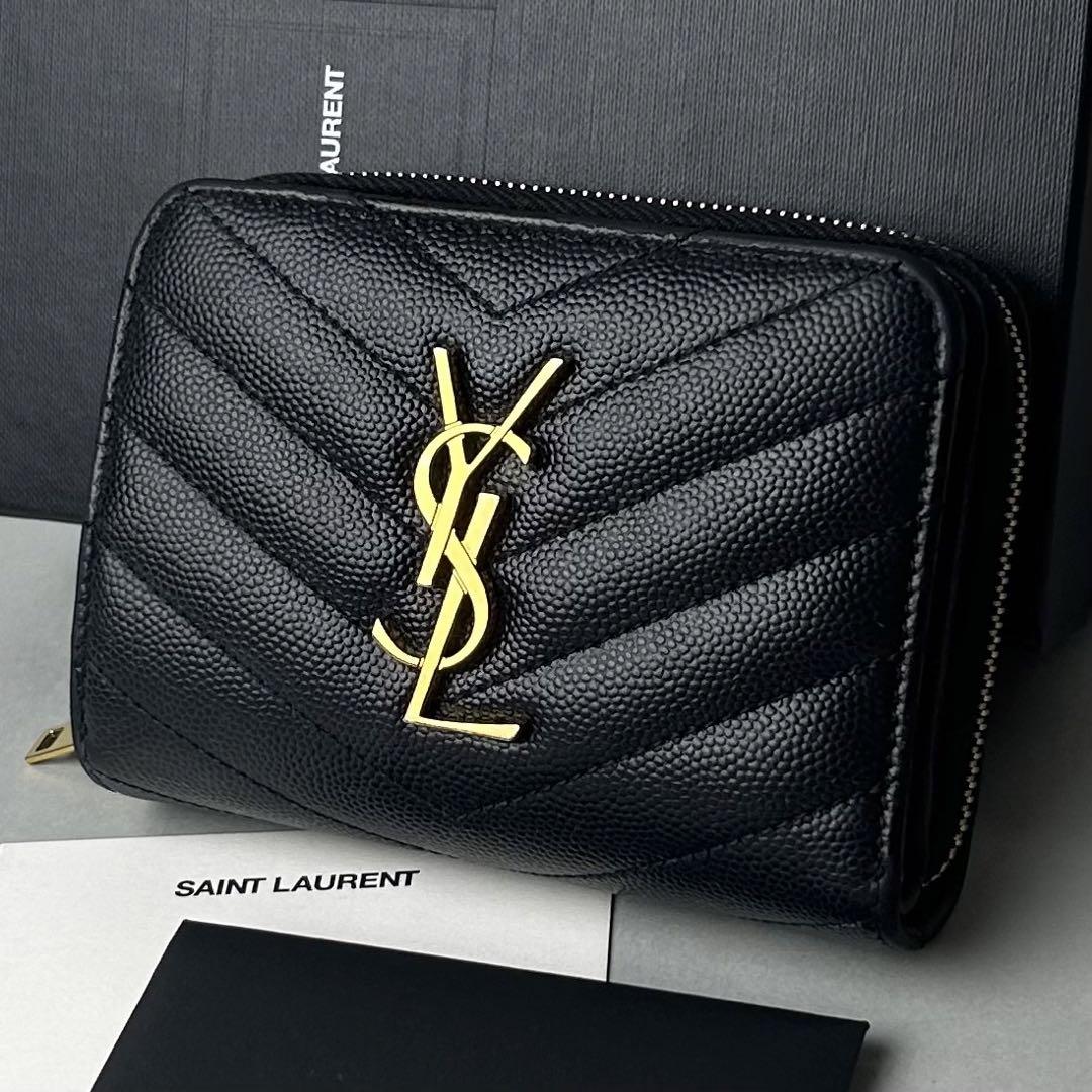 Yves Saint Laurent キャビアスキン 二つ折り財布 ブラック サンローラン 二つ折り財布 ブラック ロゴ （サンローランパリ