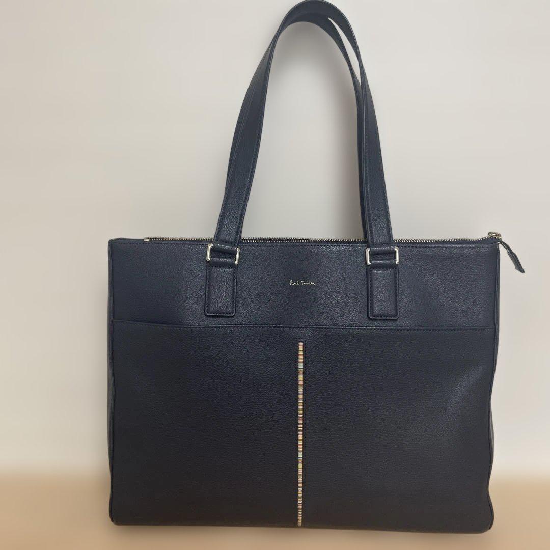 Paul Smithトートバッグ レザー マルチストライプ インセット ネイビー Paul Smithトートバッグ レザー マルチストライプ インセット