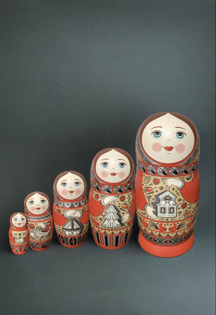 ロシア雑貨☆メゼーニ柄マトリョーシカ(5P)アリョーナ&オリガ作 6月感謝セール♪ロシア雑貨☆メゼーニ柄マトリョーシカ(5P
