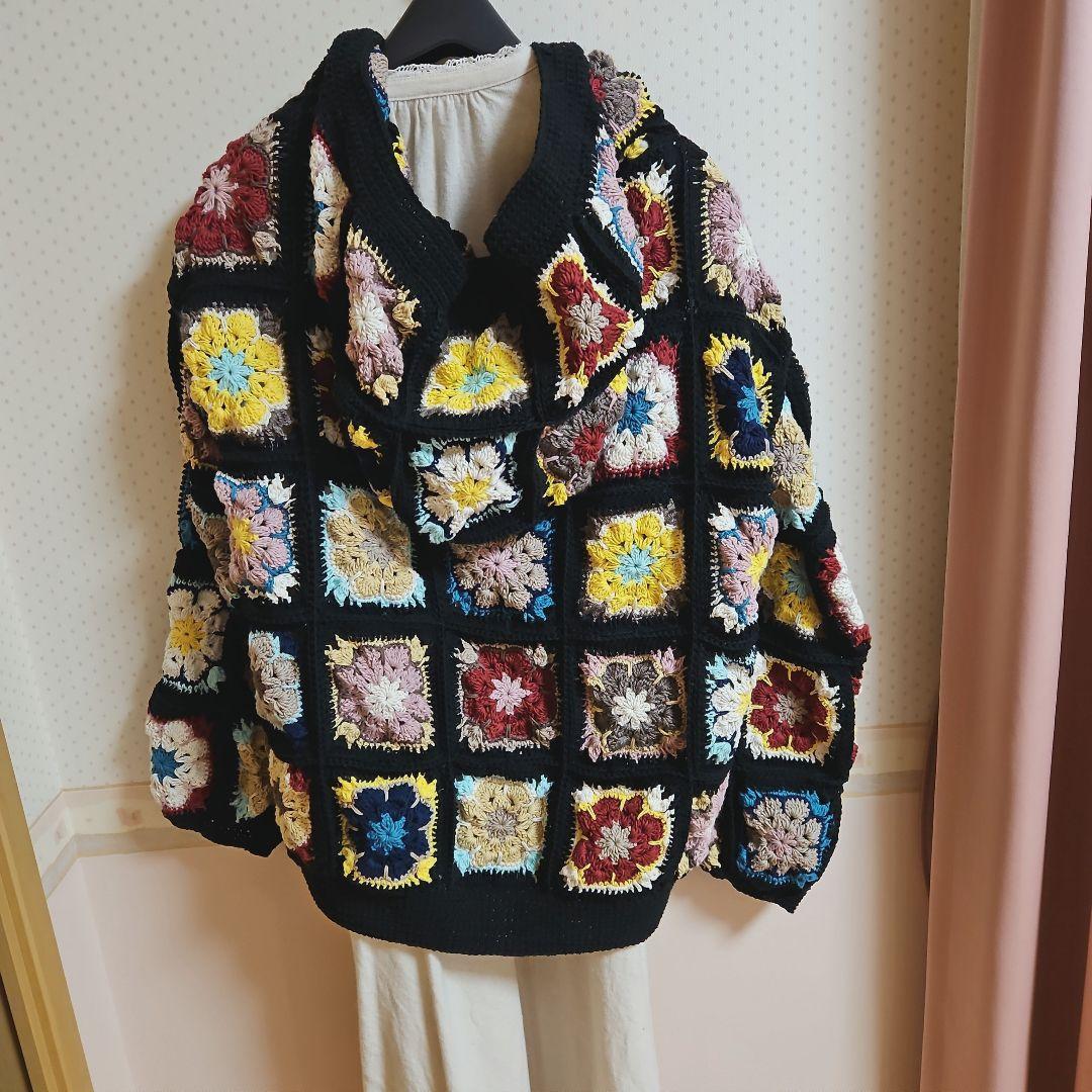 ハンドメイド グラニースクエアフード付きカーディガン R