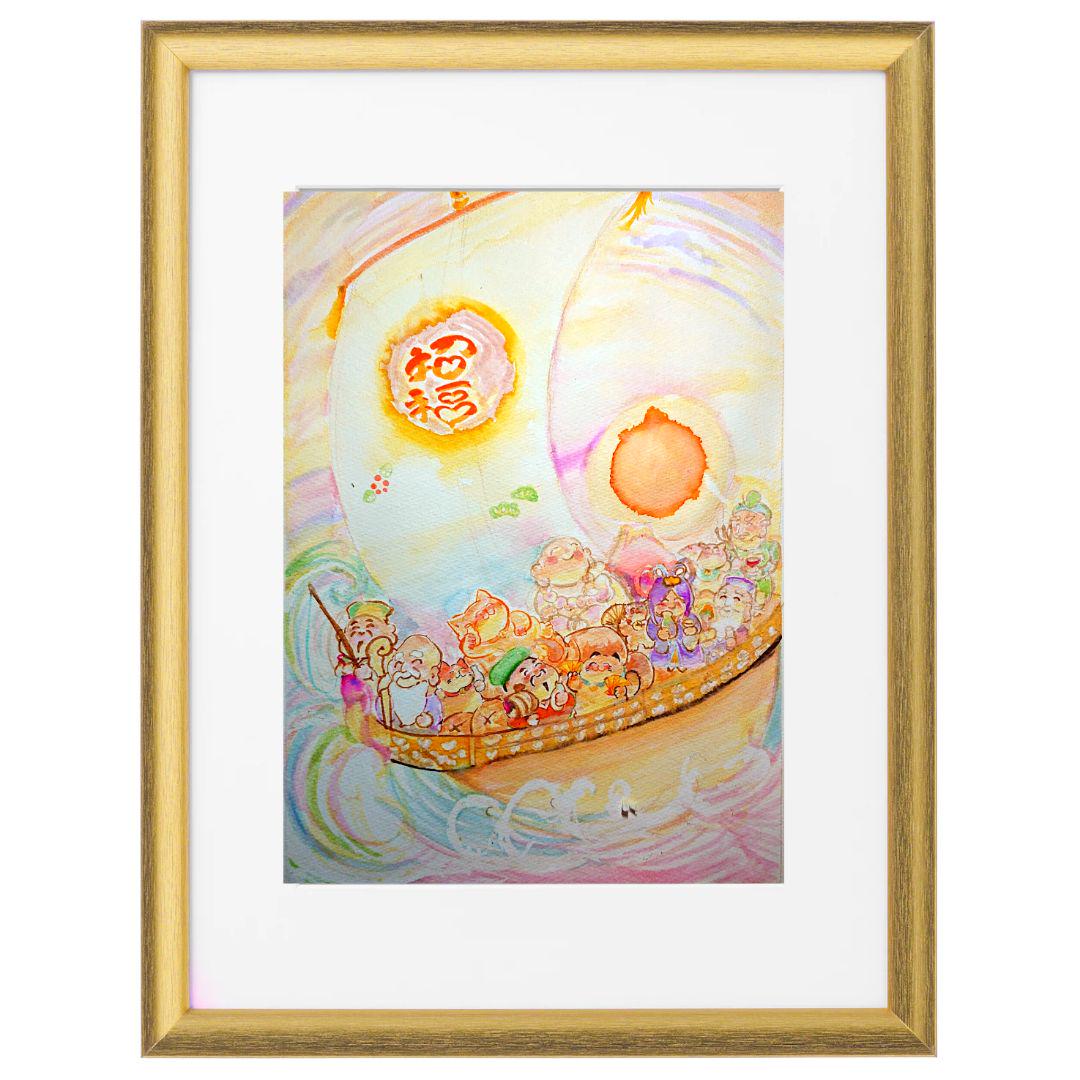 七福神 開運 イラスト A4 額つき（尾九 | 七福神の宝船 龍の船に