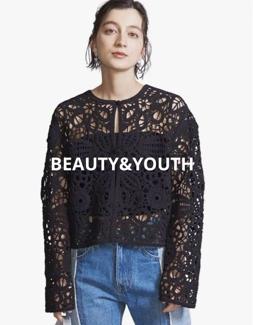 BEAUTY&YOUTH コットンナイロン エンブロイダリー カーディガン