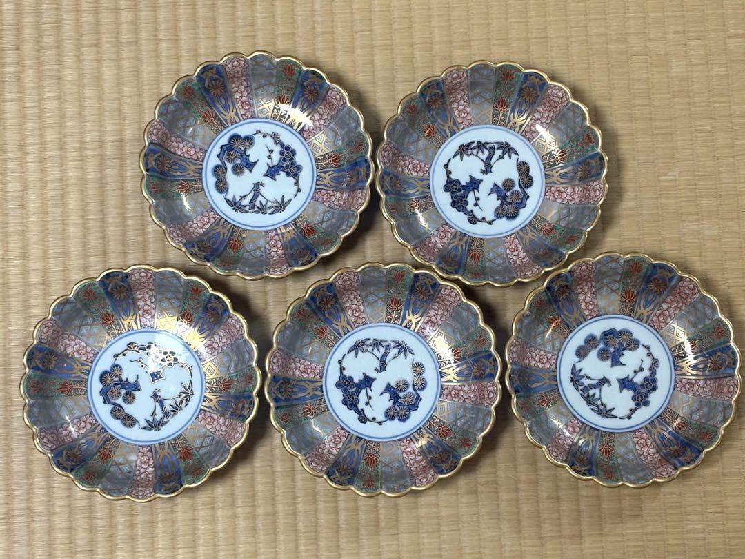 新品・未使用】林九郎 錦 菊割内外 金彩 松竹梅 中鉢 5枚セット