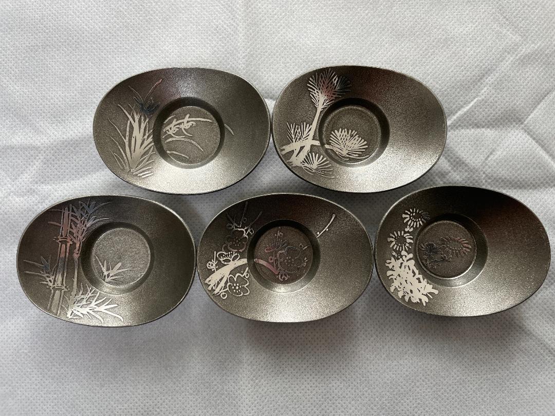 岩切美巧堂　錫 茶托 小判形 5枚セット 岩切美巧堂 錫 茶托 小判形 5枚セット（薩摩錫器 錫 茶托 小判型
