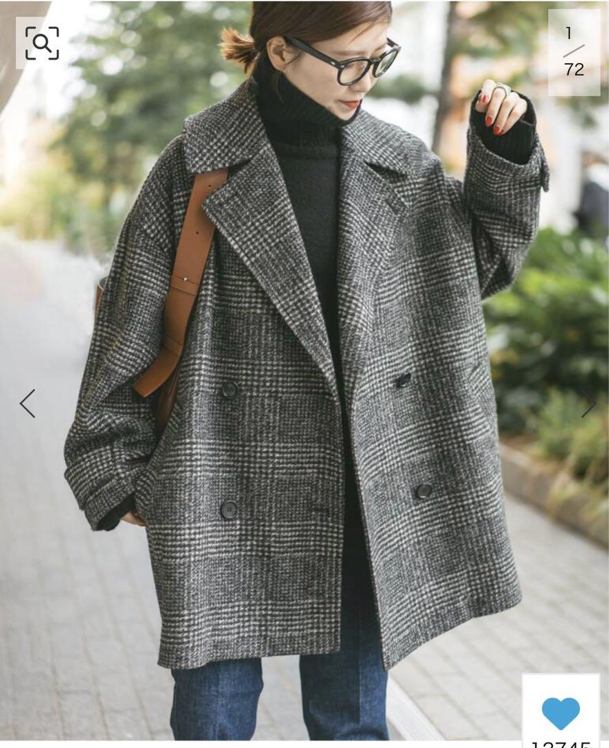 美品！Spick &span グレー系チェック柄ダブルブレストコート38サイズ Spick & Span ダブルブレストリバーコート サイズ38