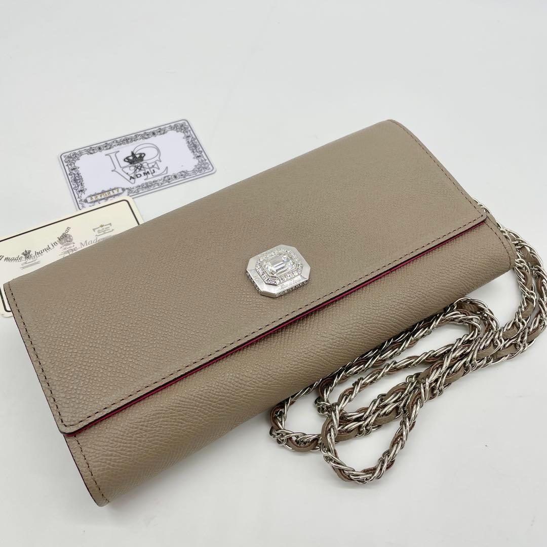 【美品】ADMJ チェーンウォレット グレージュ レザー 多収納 スワロフスキー 美品】ADMJ チェーンウォレット グレージュ レザー 多収納