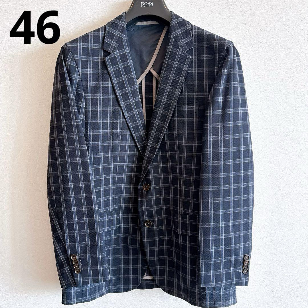 美品 ヒューゴボス BOSS ジャケット チェック ネイビー 46（HUGO