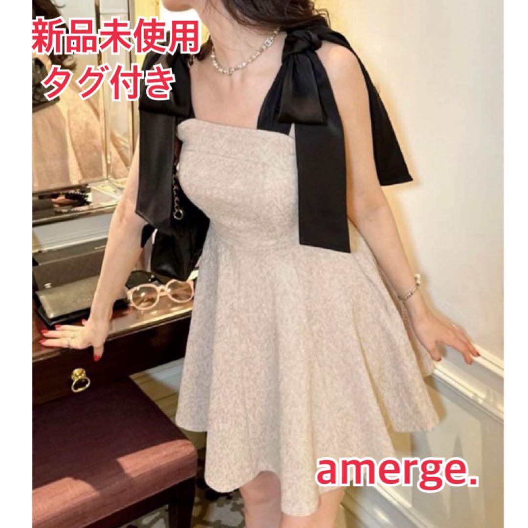 新品タグ付き　amerge. アメルジュ　リボンショルダー　ミニ　ワンピース 最終値下げ】 amerge リボンショルダー ミニワンピース ベージュ