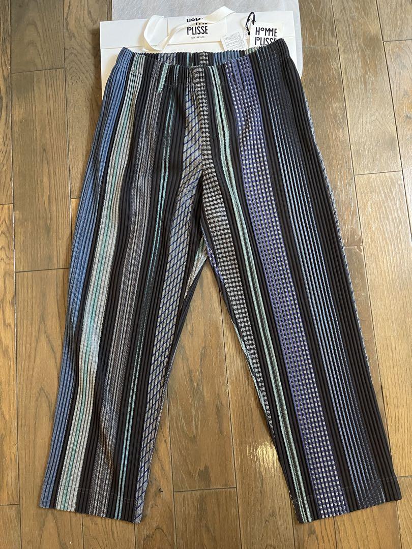 HOMME PLISSÉ イッセイミヤゲ黒+ブルー和風デザインパンツ　男性1号 HOMME PLISSÉ イッセイミヤゲ黒+ブルー和風デザインパンツ 男性1