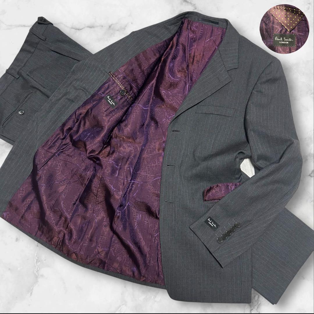 AT1666現行タグ Paul Smith セットアップスーツ M 総柄 紫 ポールスミス PAUL SMITH セットアップ スーツ ストライプ 裏地